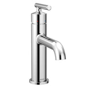 Chrome single handle bathroom faucet with cylindrical body, curved spout, and lever handle with temperature indicators.
