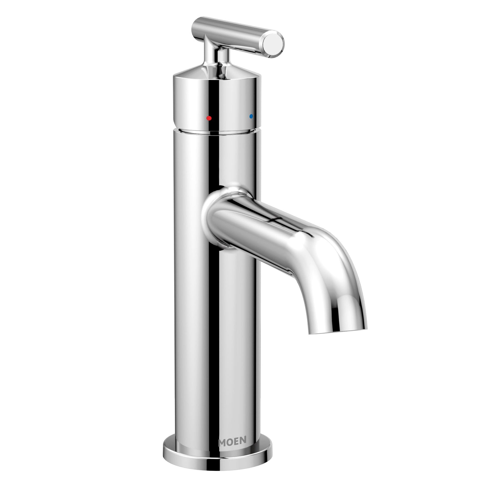 Chrome single handle bathroom faucet with cylindrical body, curved spout, and lever handle with temperature indicators.