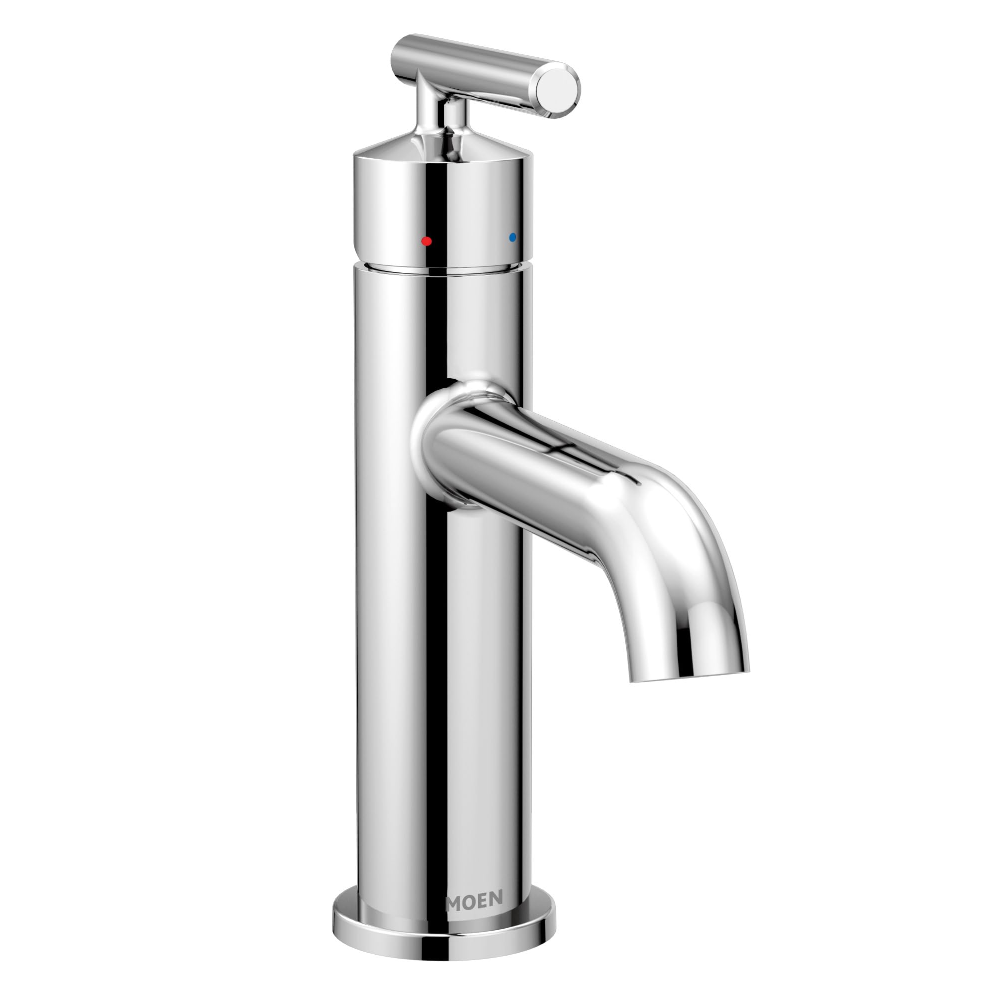Chrome single handle bathroom faucet with cylindrical body, curved spout, and lever handle with temperature indicators.