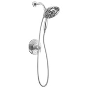 Chrome shower trim with dual showerhead and handheld spray connected by flexible hose to wall-mounted control valve.