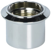 Chrome and black cylindrical trim sleeve for shower diverter valve with threaded interior.