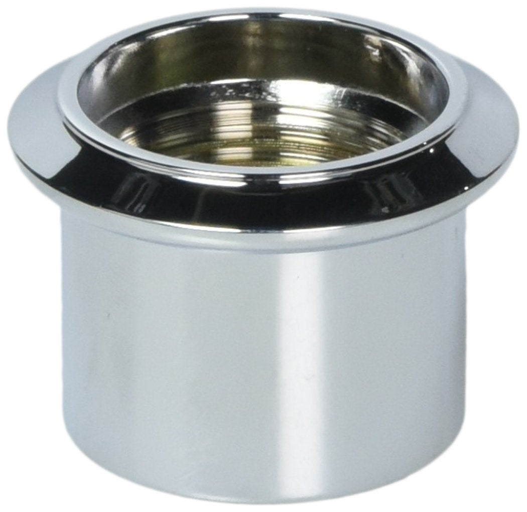 Chrome and black cylindrical trim sleeve for shower diverter valve with threaded interior.