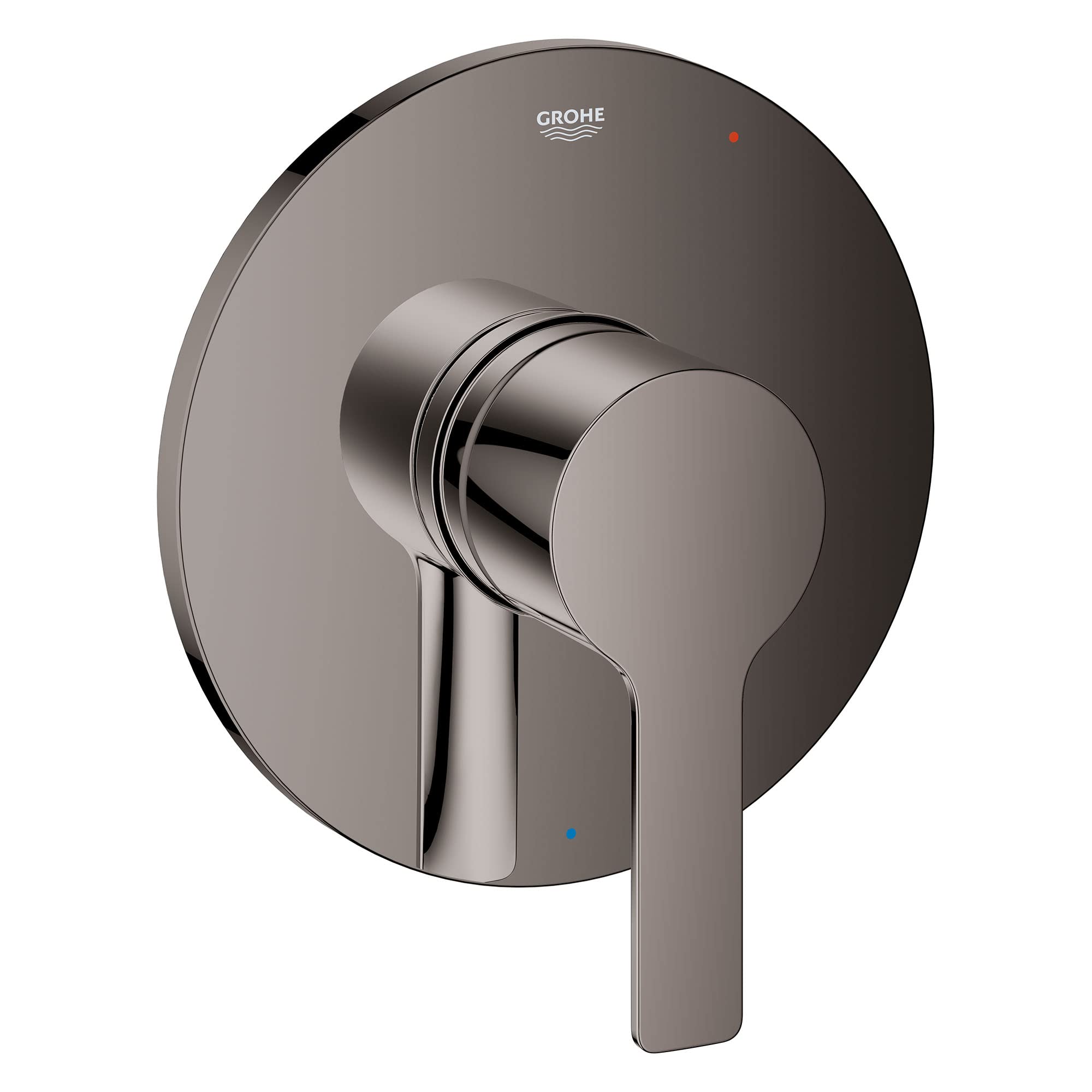 Grohe Lineare pressure balance valve trim with cylindrical handle and round escutcheon in hard graphite finish.