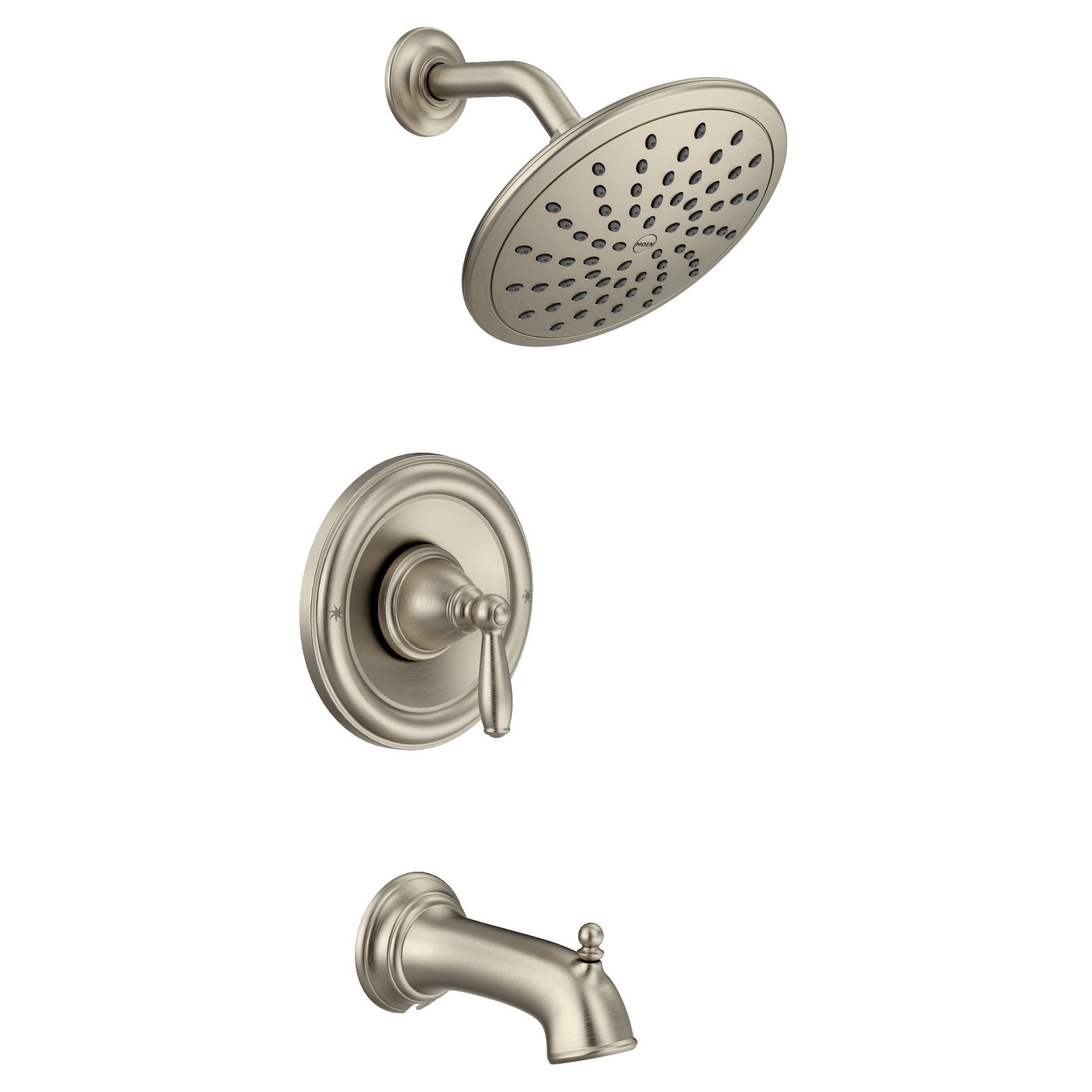 Moen Brantford Posi Temp Tub and Shower Trim Kit Including 8 Inch Wide Eco Performance Rain Showerhead Lever Handle and Tub Spout in Brushed Nickel - T2253EPBN