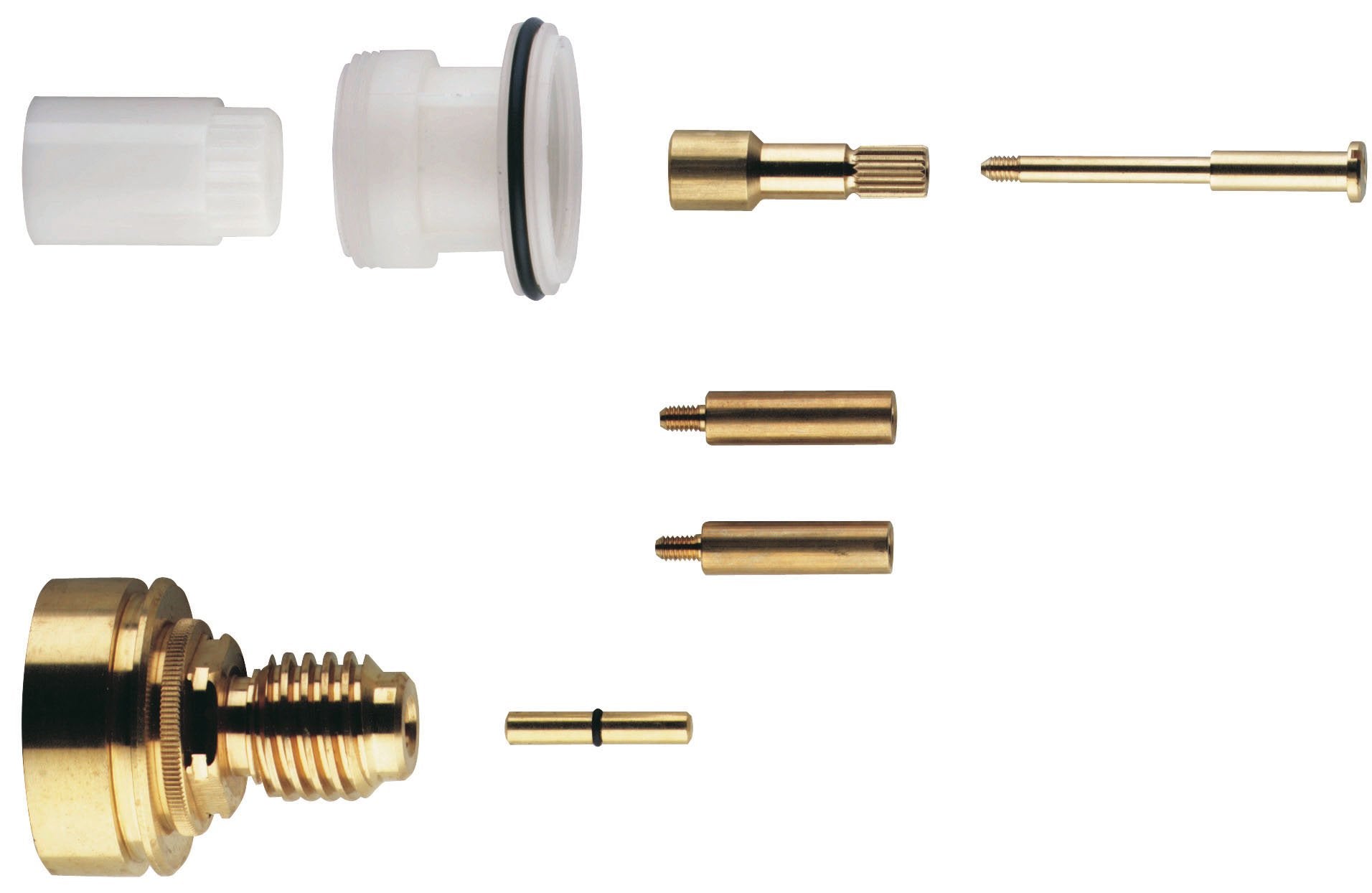 Grohe chrome plated brass and plastic extension kit components including connectors, rods, and valve seat.