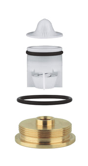 Disassembled non-return valve with white plastic cap, cartridge, black seals, and brass base component.