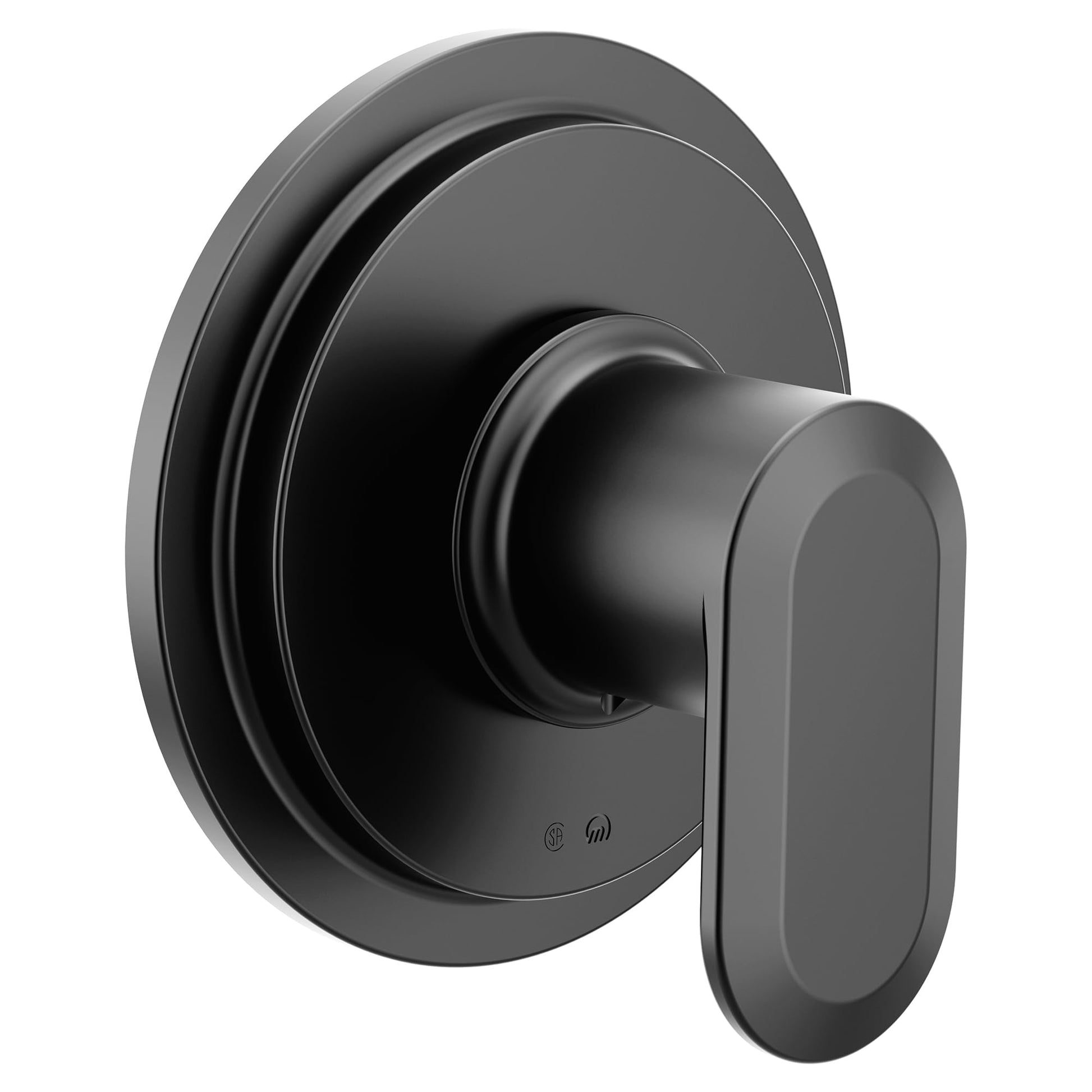 Matte black shower valve trim with round escutcheon plate and lever handle control.