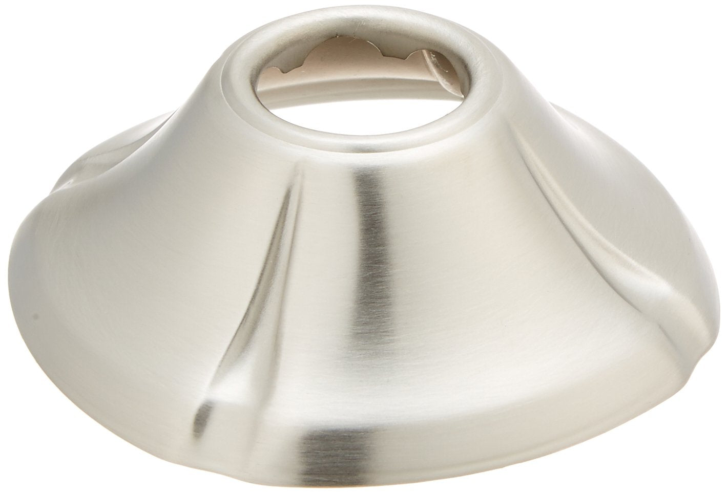 Stainless steel shower flange with cone-shaped escutcheon and central opening for pipe passage.