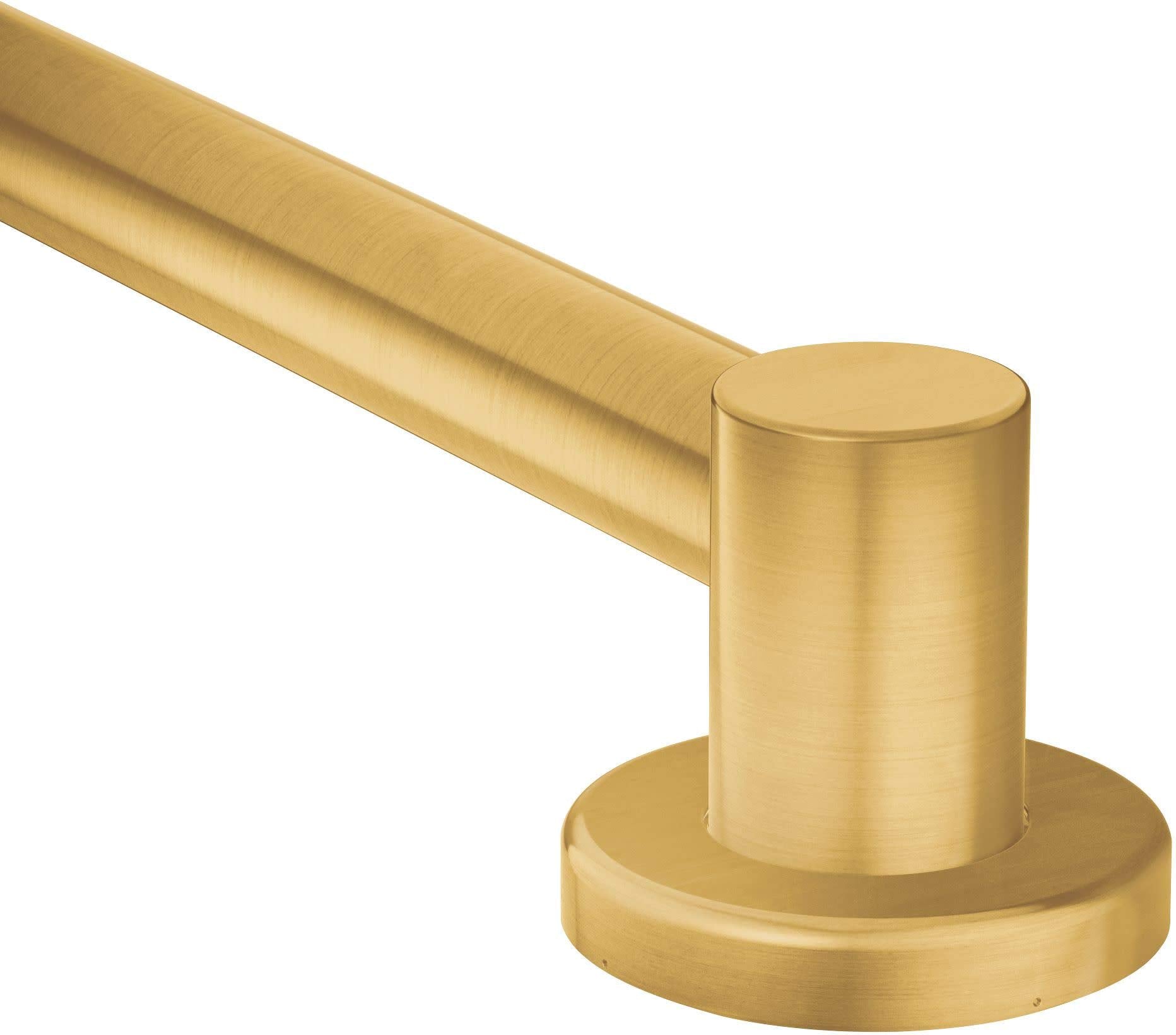 Brushed gold stainless steel shower grab bar with cylindrical end support and horizontal grip extending to the left.