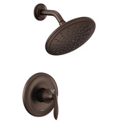 Oil rubbed bronze shower trim kit with single handle lever and perforated showerhead.