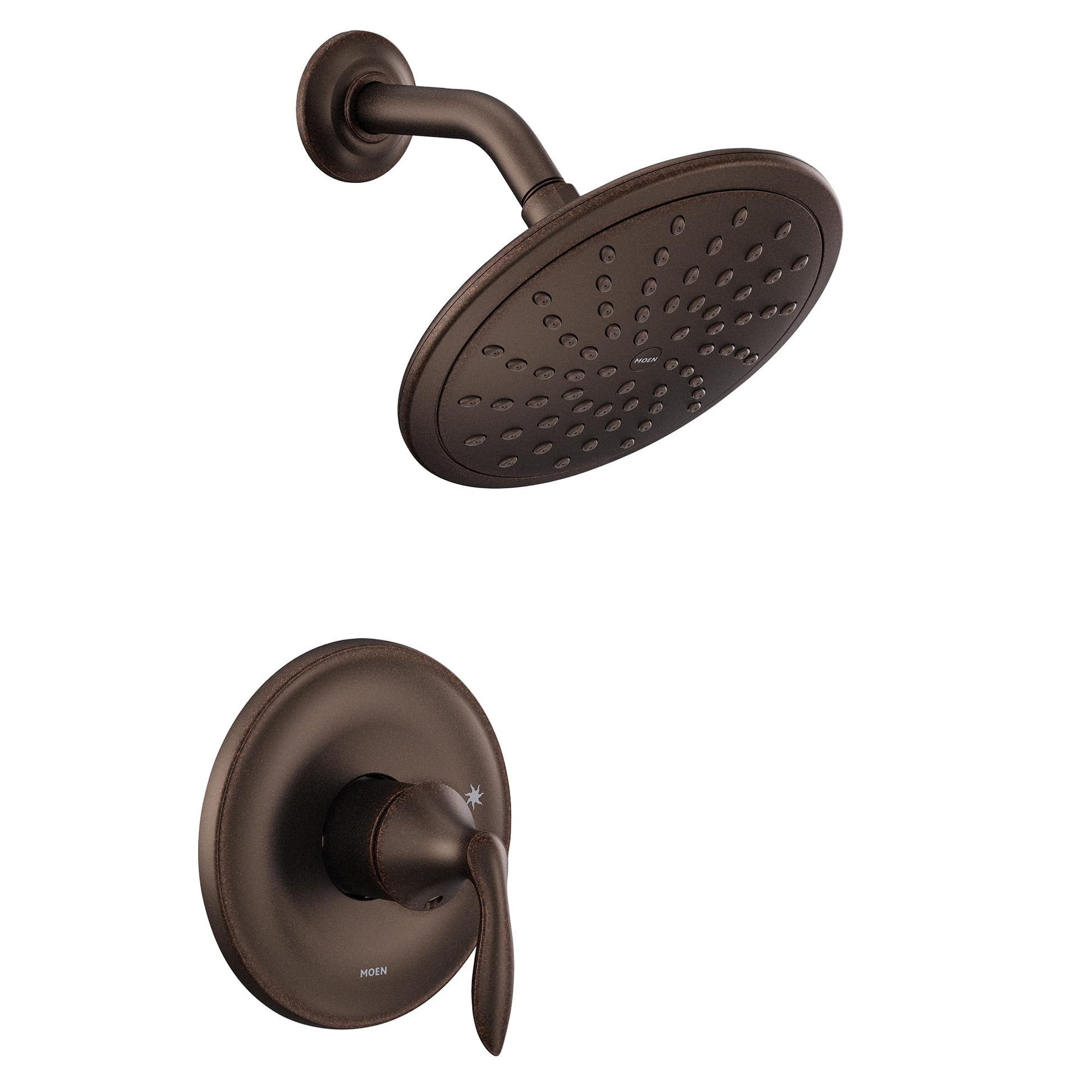 Oil rubbed bronze shower trim kit with single handle lever and perforated showerhead.