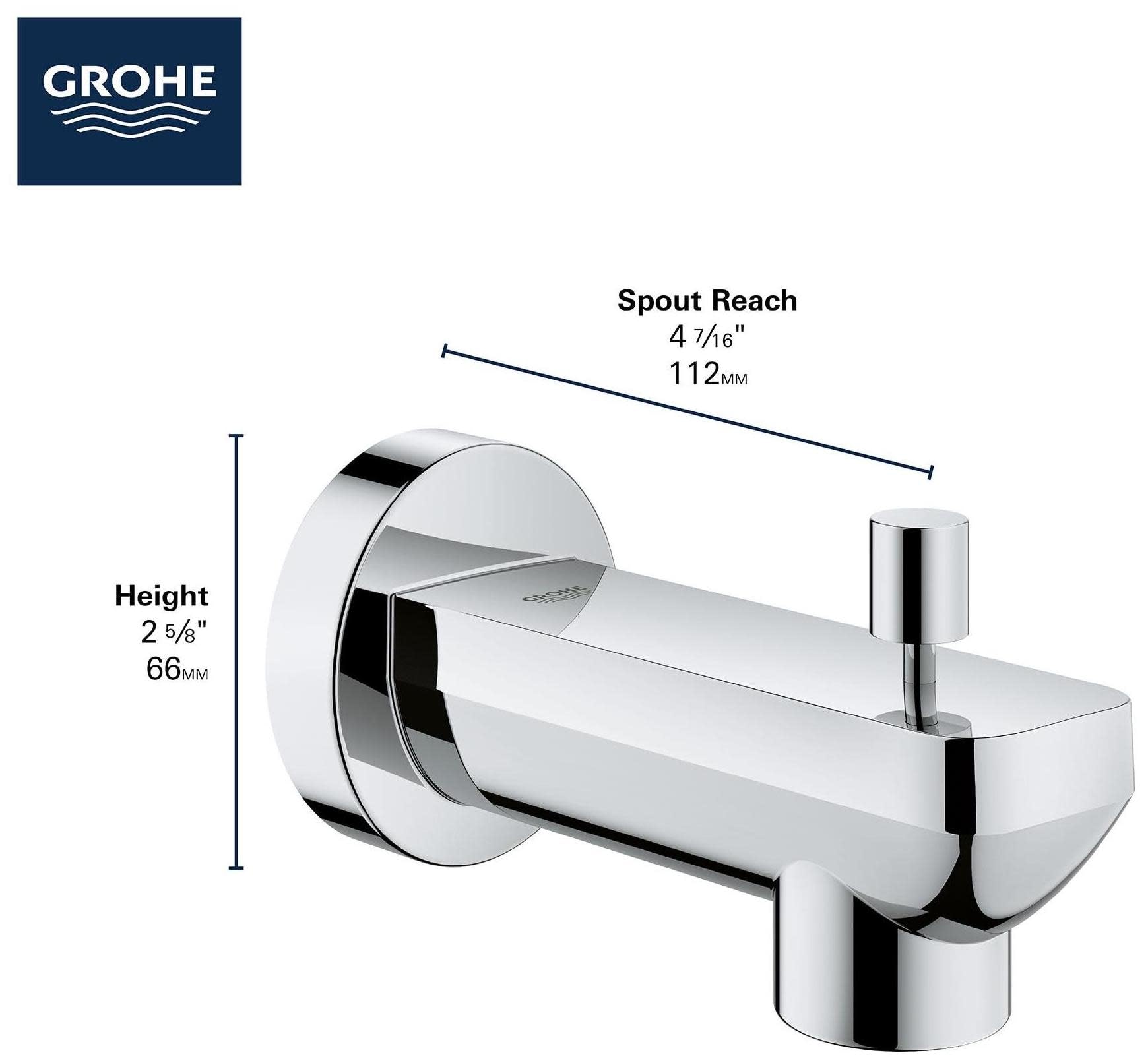 Matte black cylindrical tub spout with diverter lever and circular wall flange, shown with dimension annotations.