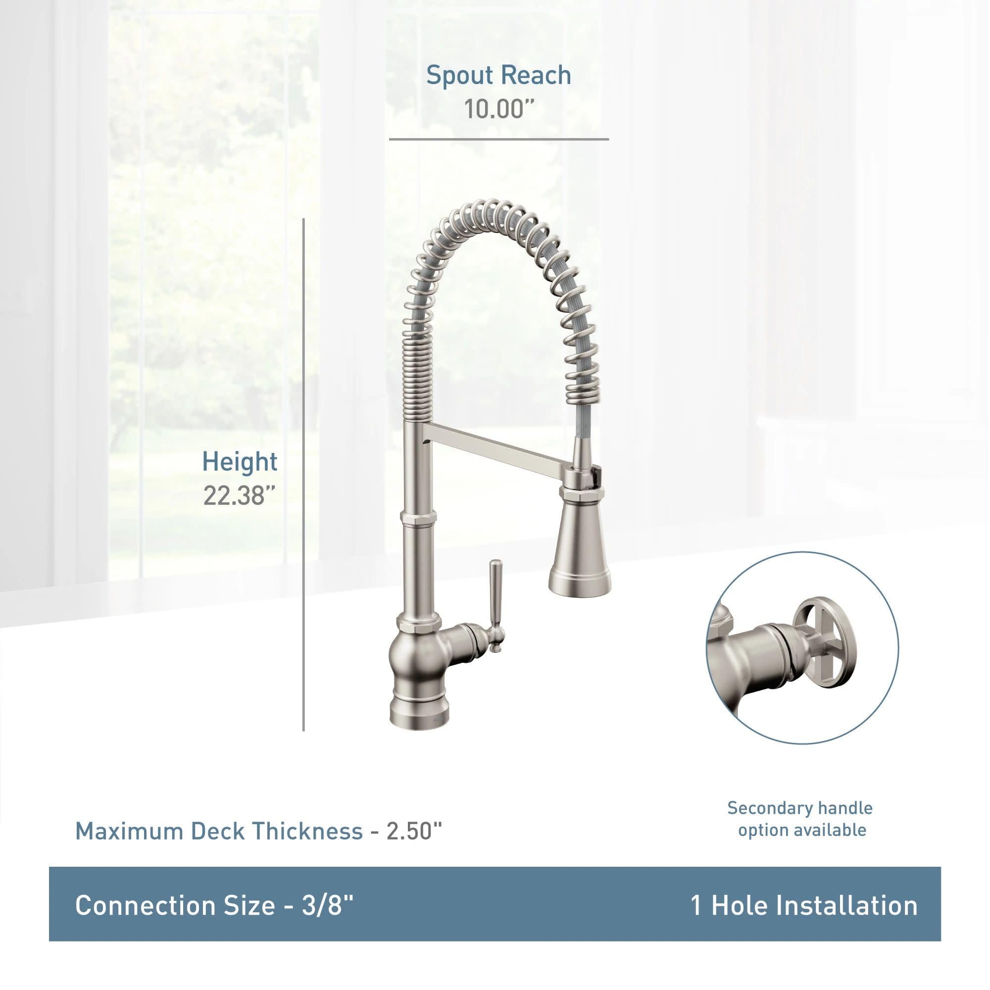 Moen Paterson matte black kitchen faucet with pulldown sprayer, 22.38" height, 10" spout reach.