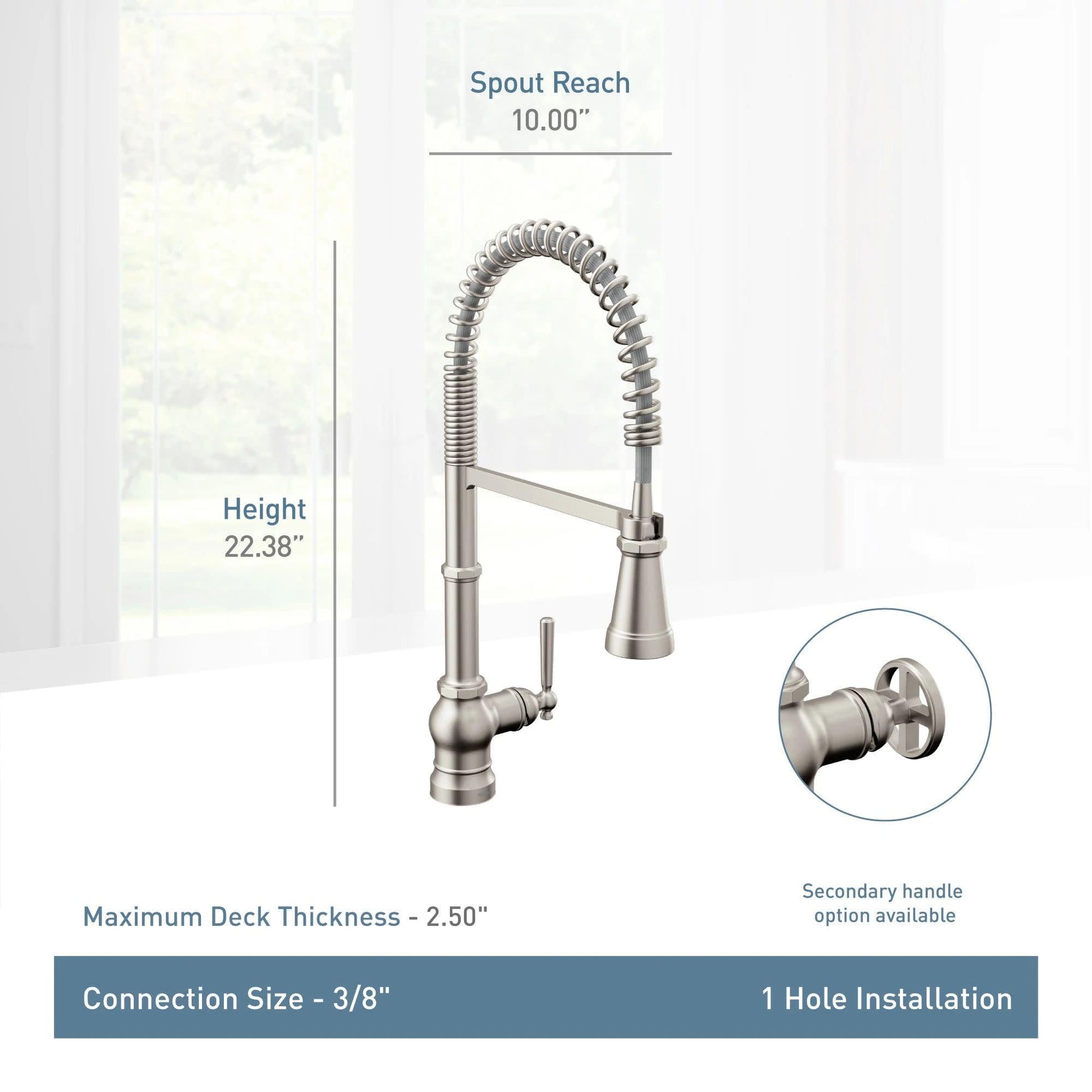 Stainless steel pull-down kitchen faucet with coiled hose, single handle, and 10" spout reach.