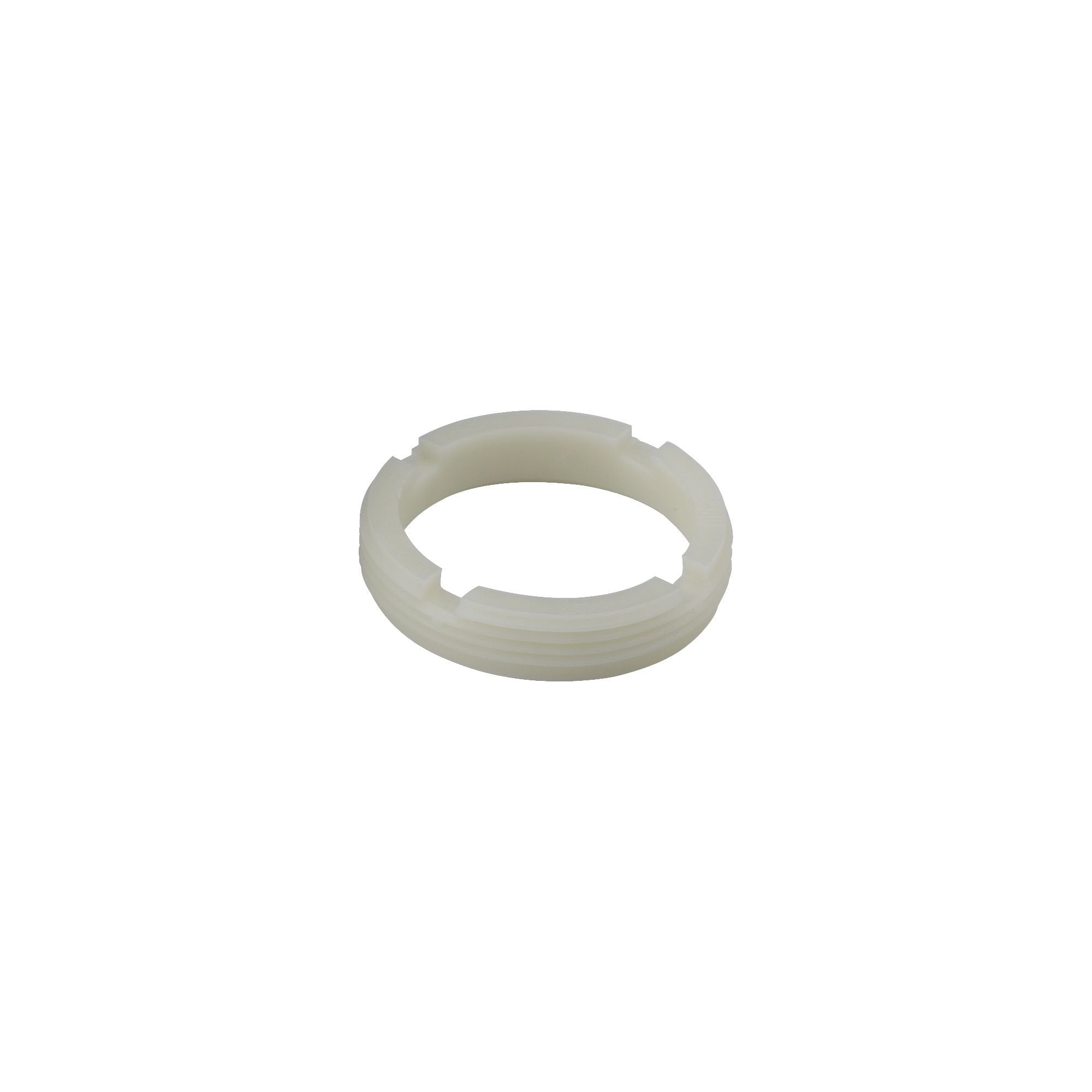 Cream-colored plastic adjusting ring with notched edges for single-handle kitchen faucet.