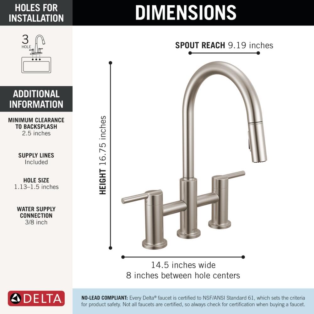 Stainless steel bridge kitchen faucet with pull-down spout, dual handles, 16.75 inches height, 9.19 inch spout reach.