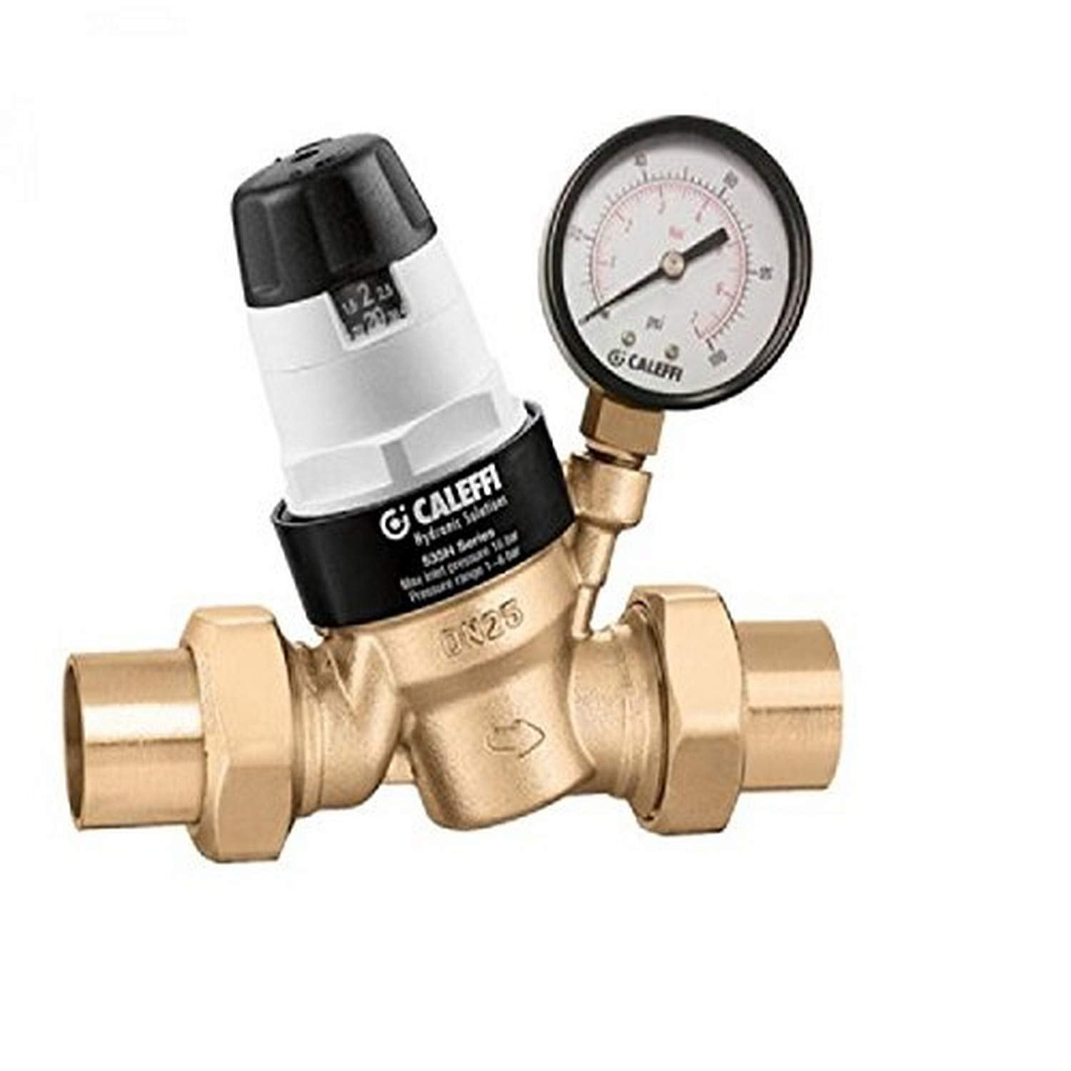 Brass pressure reducing valve with sweat connections and attached pressure gauge with black adjustment cap.