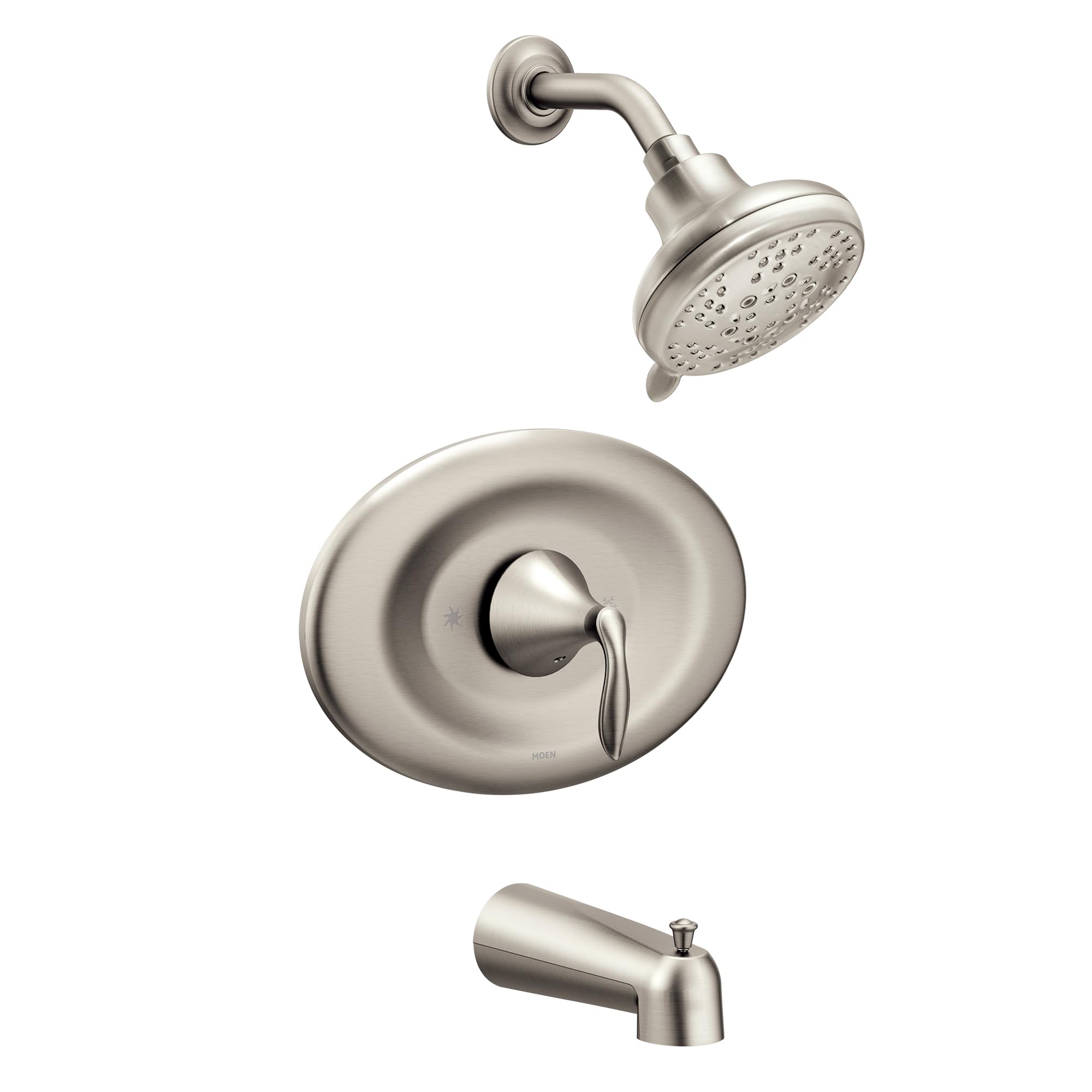 Brushed nickel tub and shower trim kit with round escutcheon, lever handle, showerhead, and tub spout.