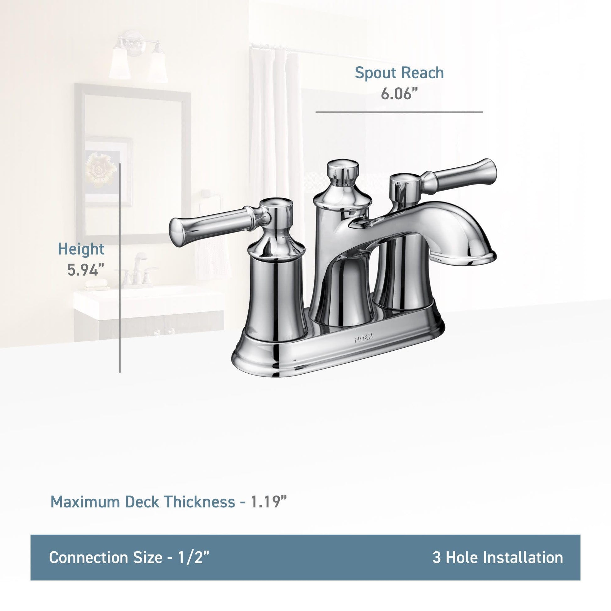 Brushed nickel two-handle bathroom faucet with curved spout and traditional styling shown with specifications.