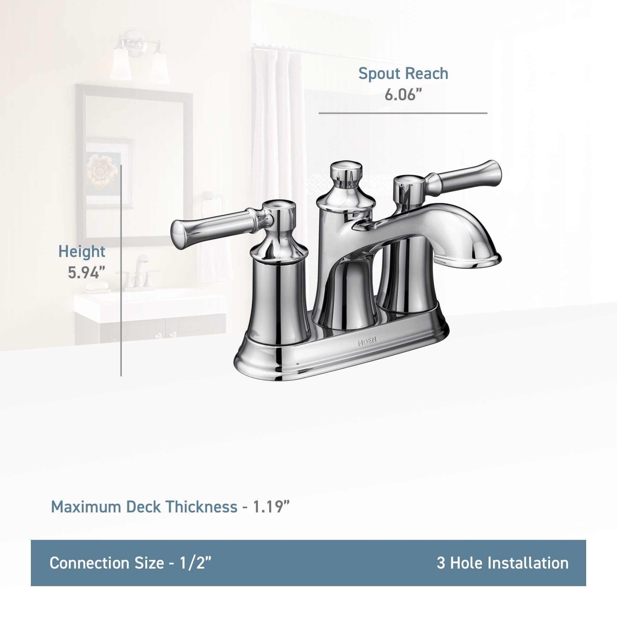 Brushed nickel two-handle bathroom faucet with curved spout and traditional styling shown with specifications.