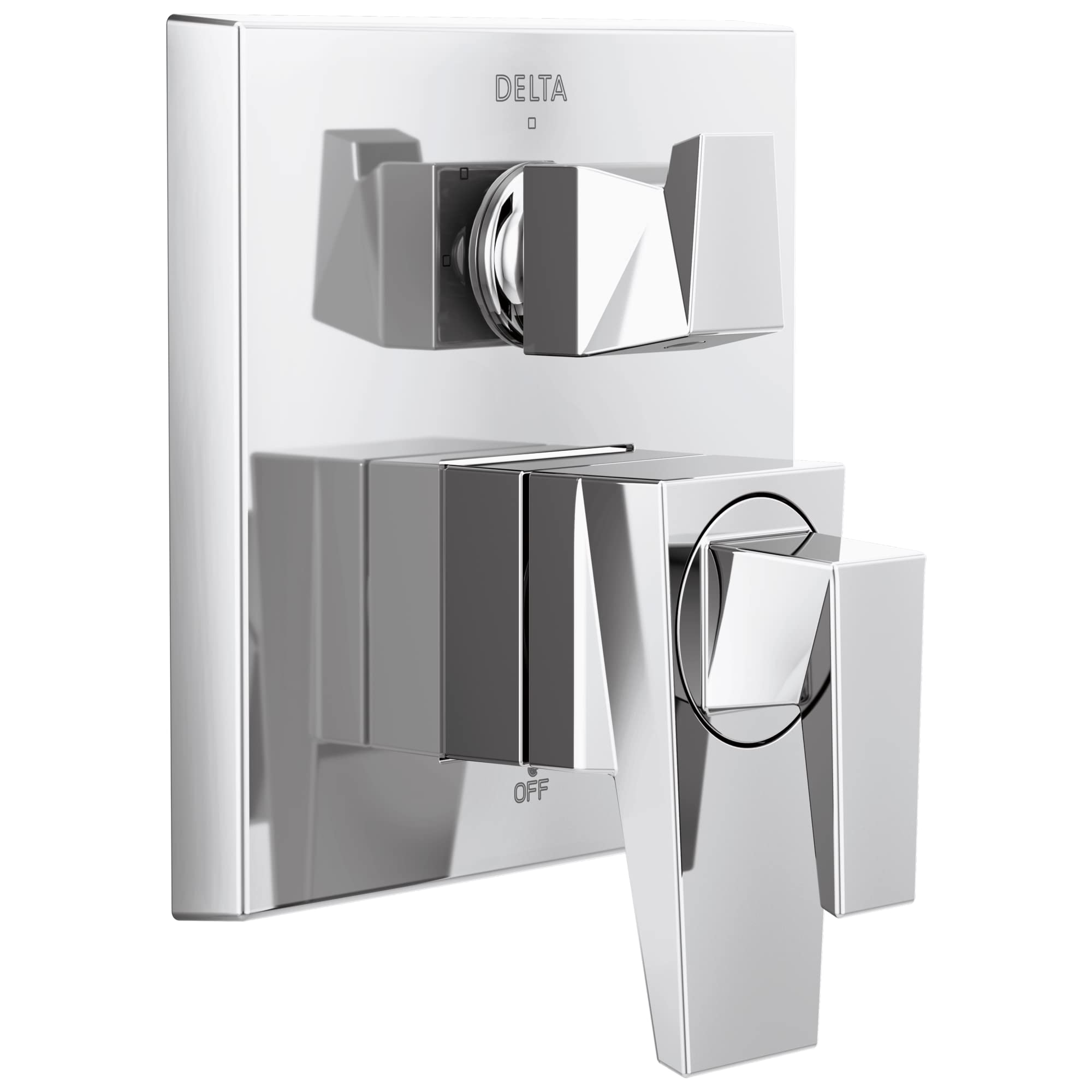 Chrome Delta Trillian two-handle shower valve trim with diverter and rectangular handles.