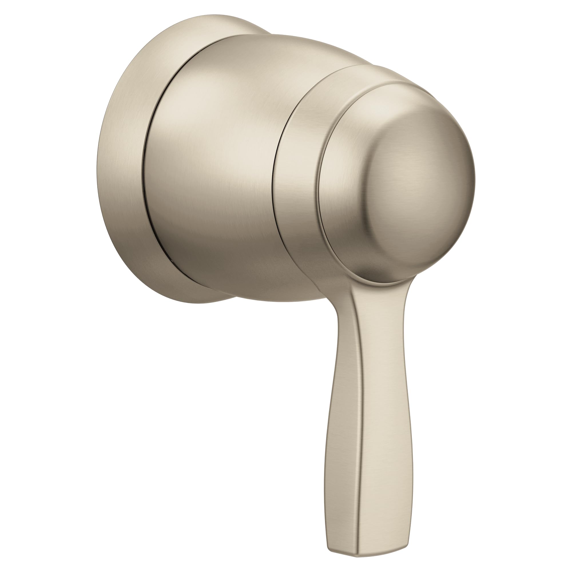 Brushed nickel volume control valve trim with round handle and cylindrical body.