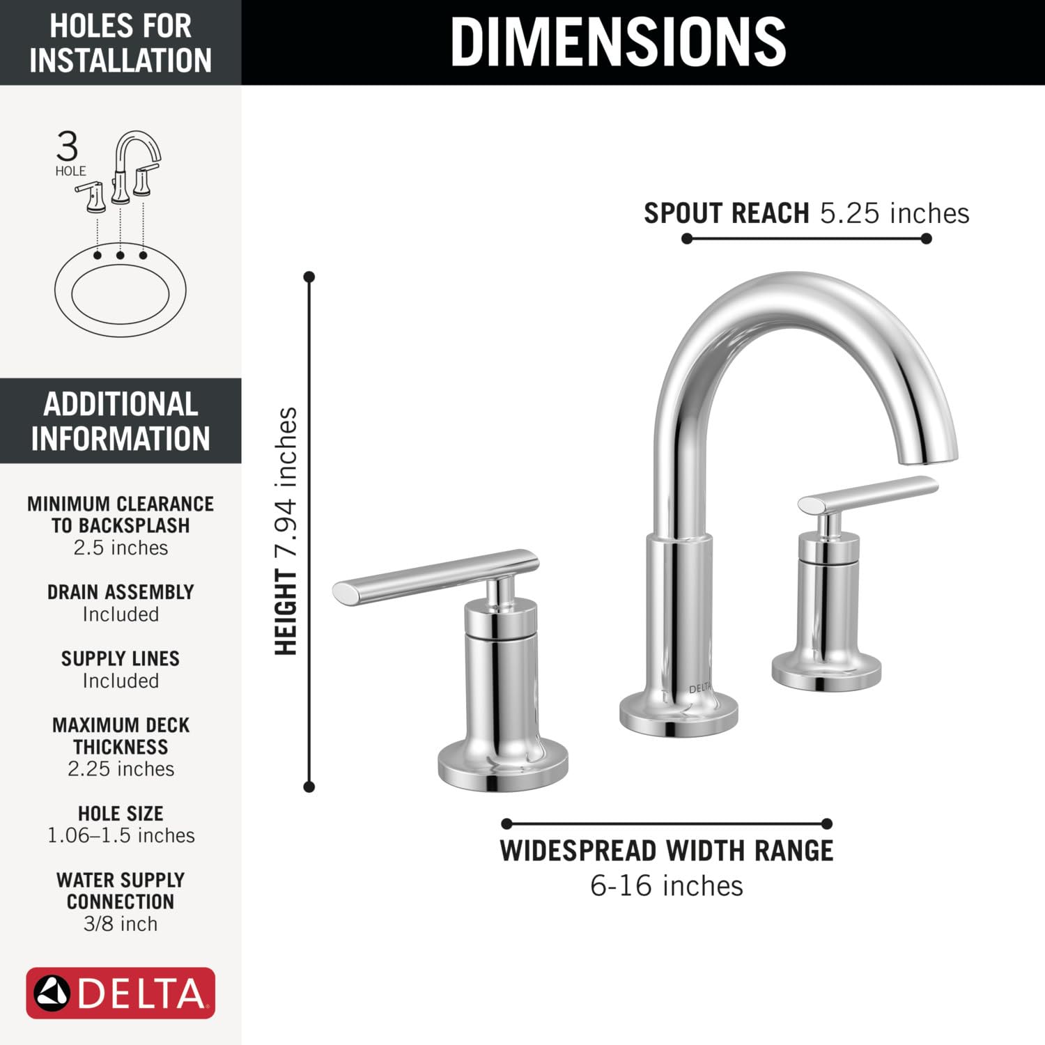 Matte black three-piece bathroom faucet with curved spout and two handles on circular bases.