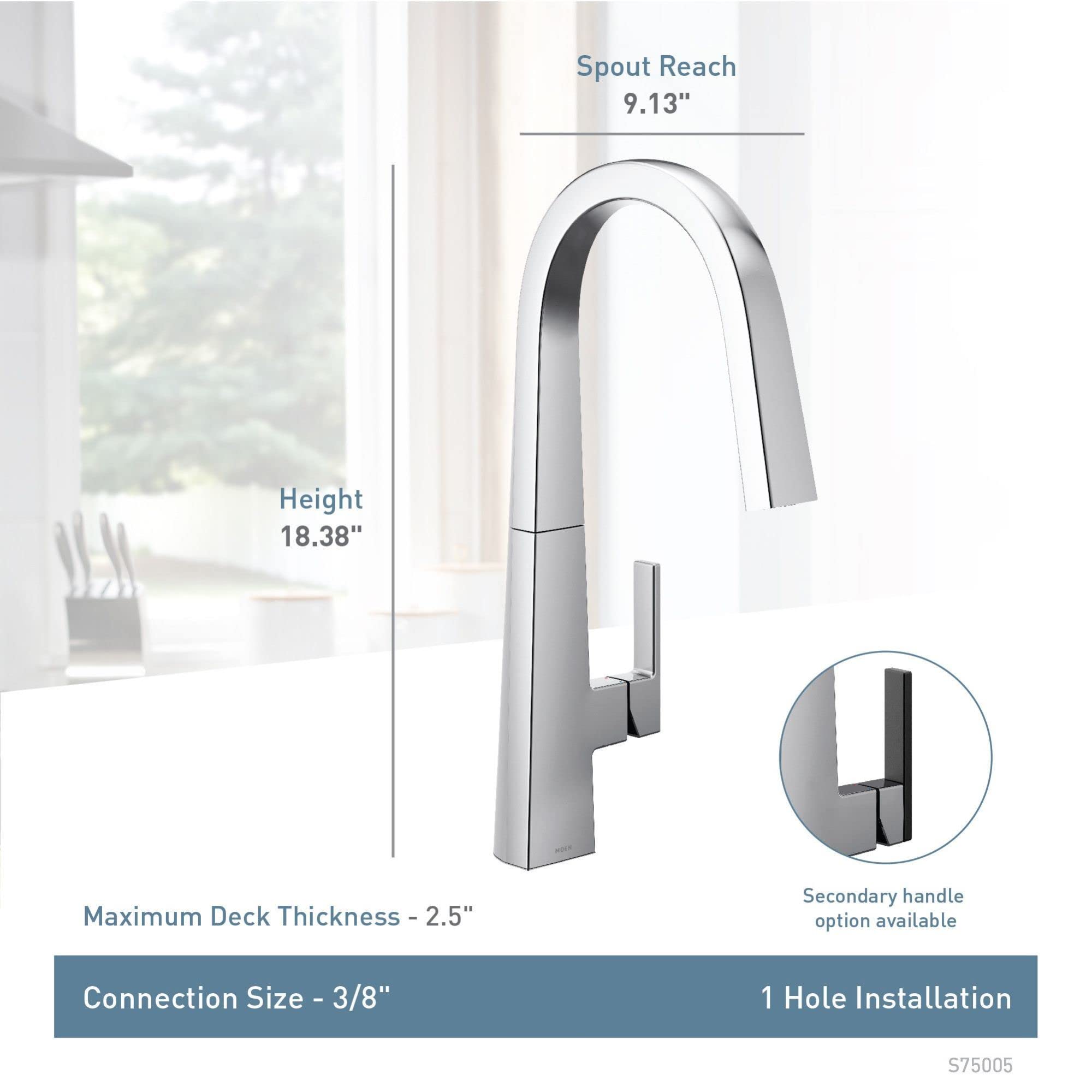 Stainless steel pull-down kitchen faucet with single handle, 18.38" height and 9.13" spout reach, includes secondary handle o