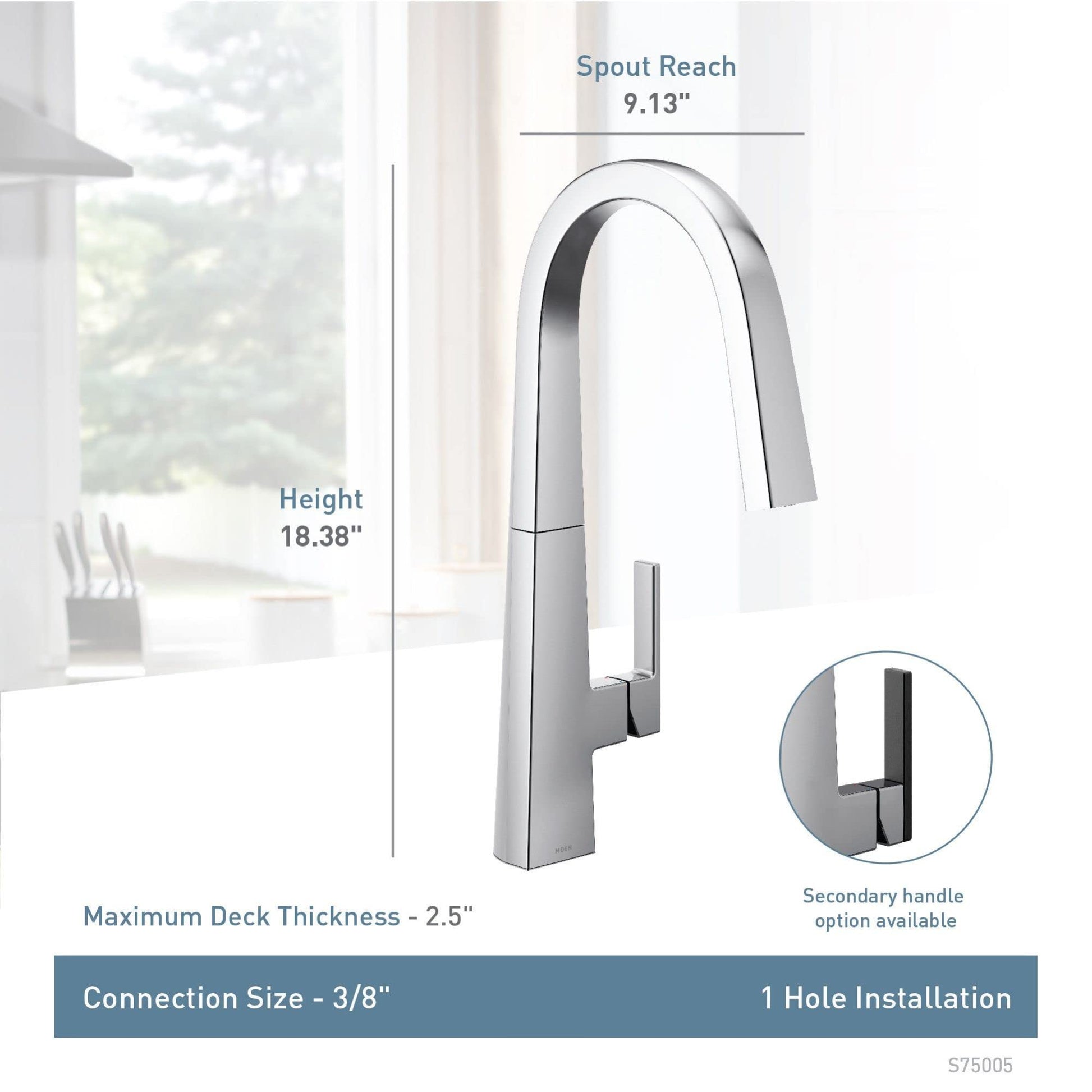 Moen Nio matte black pull-down kitchen faucet with curved spout, single handle, and optional accent handle shown with dimensi