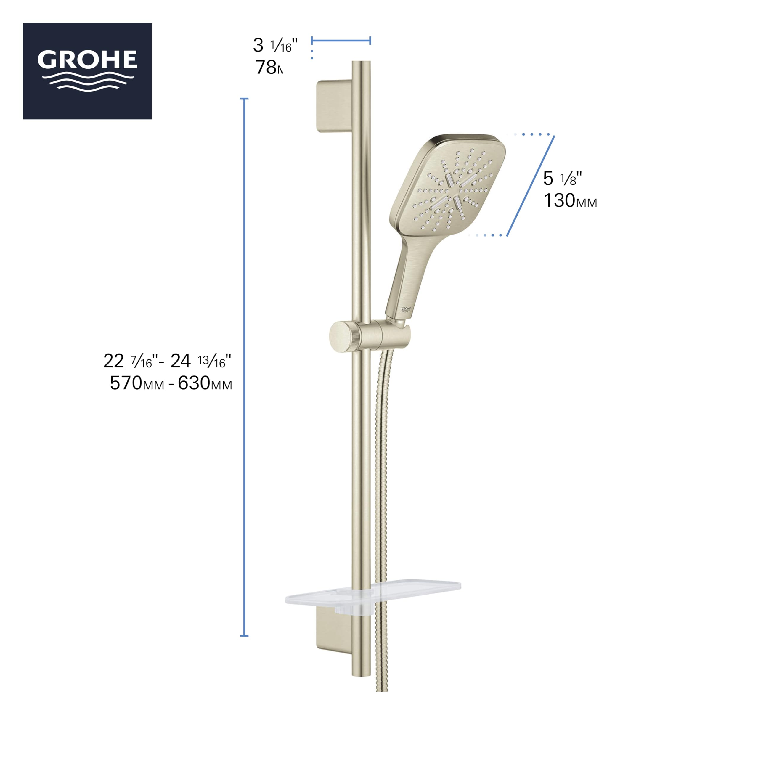Grohe Eurocube pressure balance shower set with hand shower, vertical rail, shelf, and brushed nickel finish.