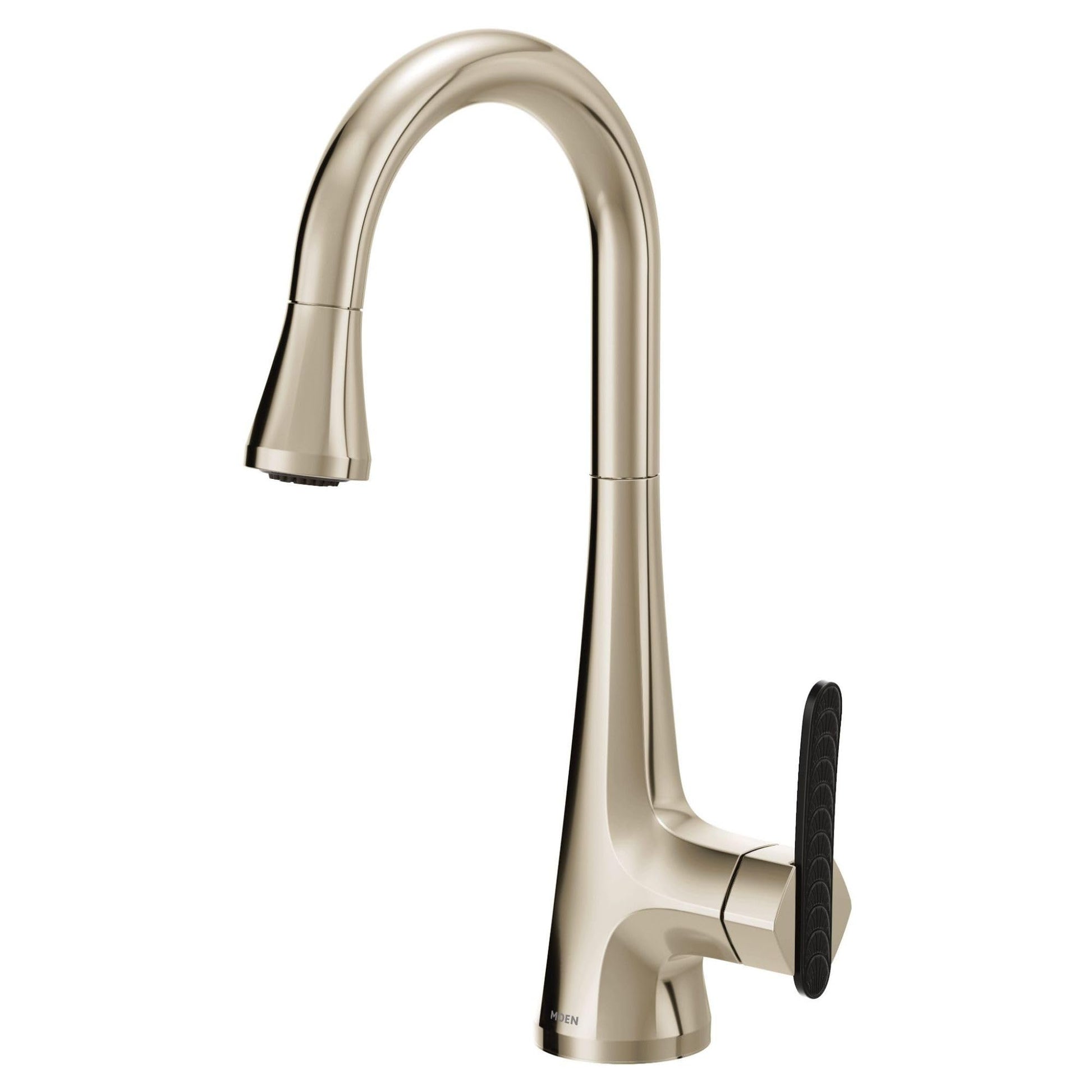 Polished nickel single-handle high arc pulldown bar faucet with black grip handle and curved spout.