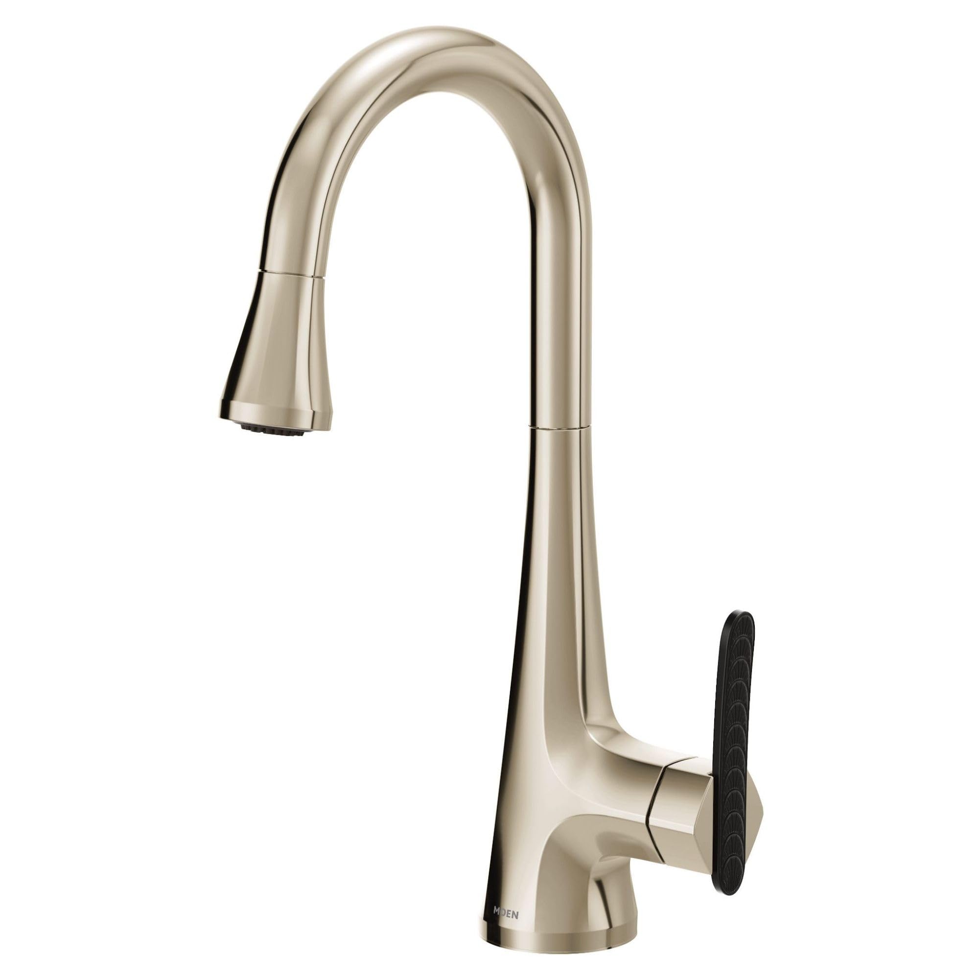 Polished nickel single-handle high arc pulldown bar faucet with black grip handle and curved spout.