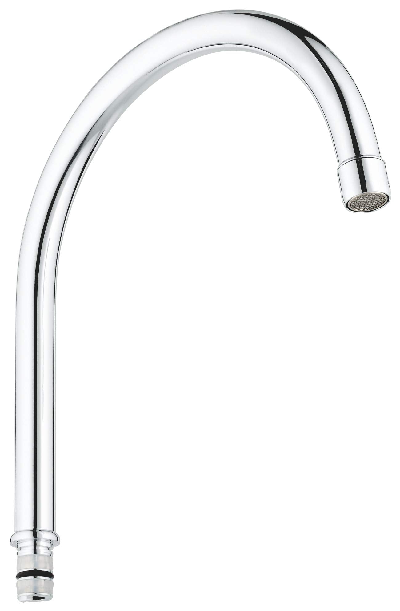 Chrome tubular spout with curved design and aerator head, featuring threaded connector base.