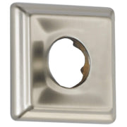 Square stainless steel shower flange with centered circular opening and beveled edges.