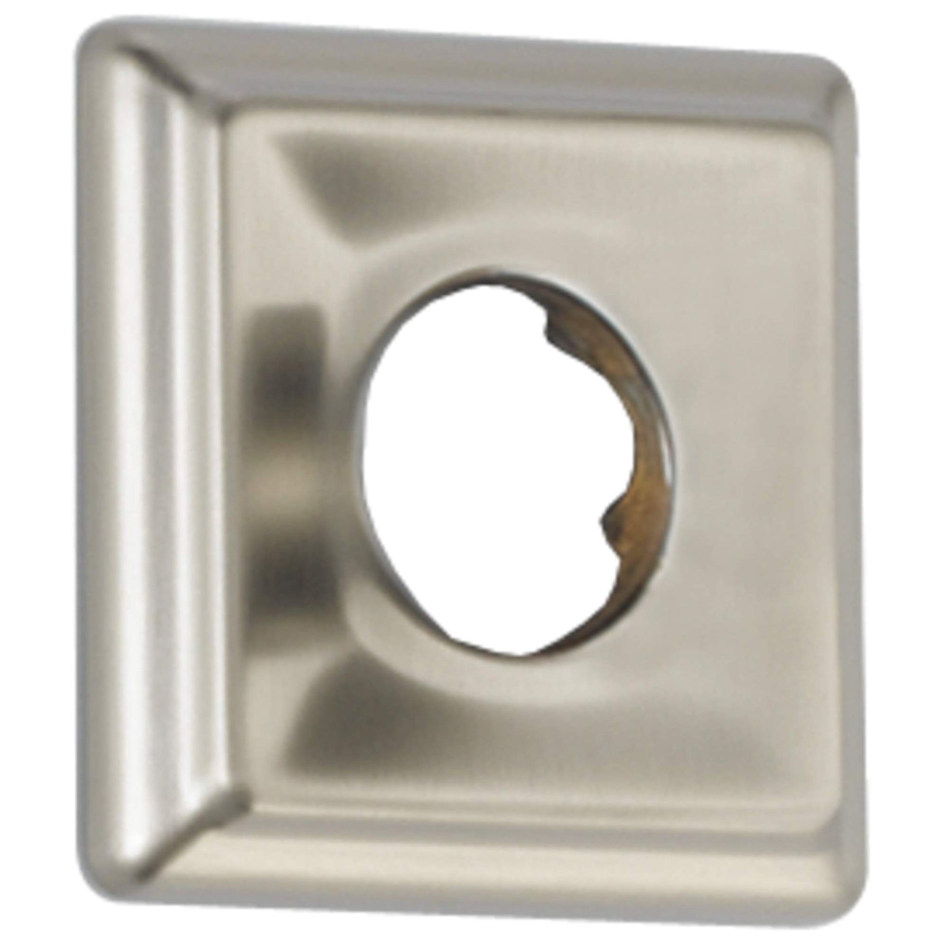 Square stainless steel shower flange with centered circular opening and beveled edges.