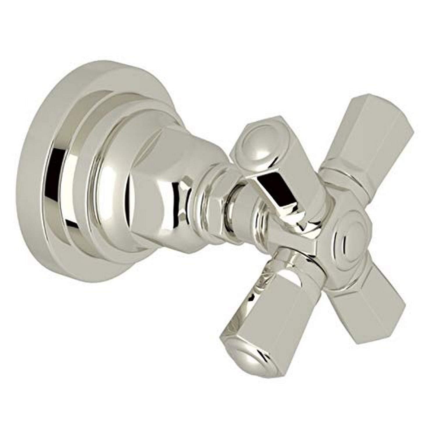 Polished nickel shower valve trim with round escutcheon plate and cross handles for volume control and diverter function.