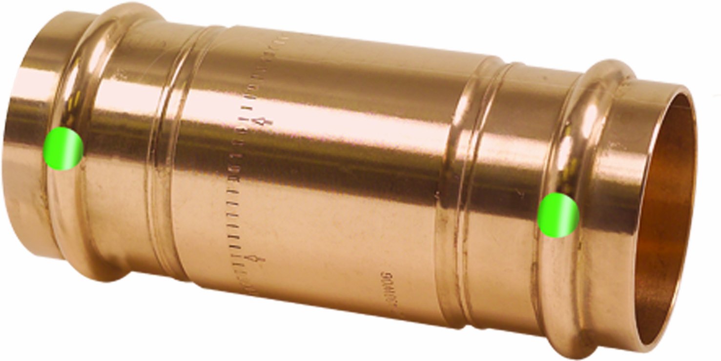 Bronze press check valve with 1/2" press connections on both ends and green indicator buttons.