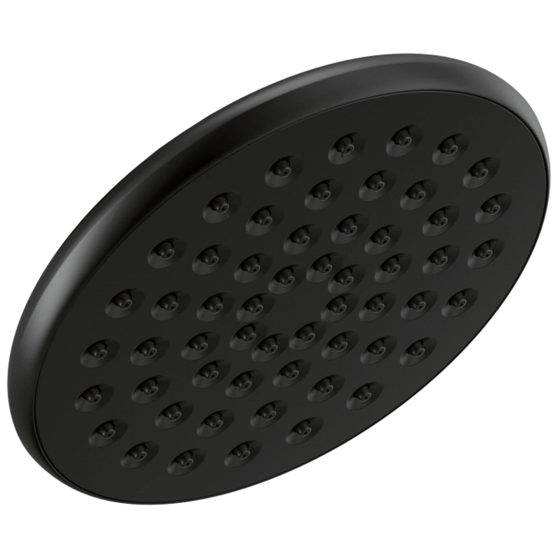 Black round rainfall shower head with multiple spray nozzles arranged in rows across flat surface.