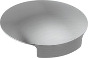 Brushed stainless steel circular cover with curved lip cutout, viewed from above at an angle.