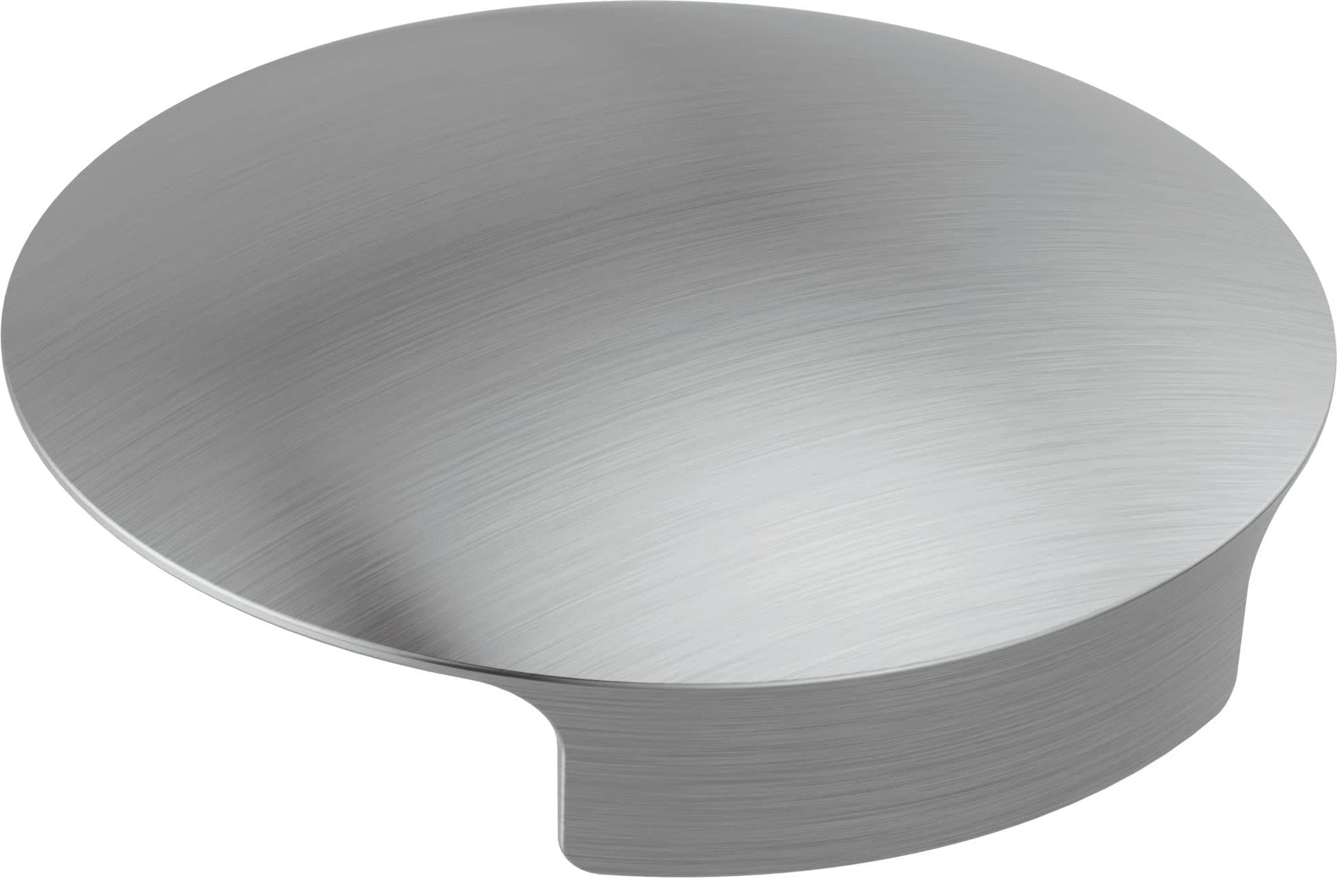 Brushed stainless steel circular cover with curved lip cutout, viewed from above at an angle.