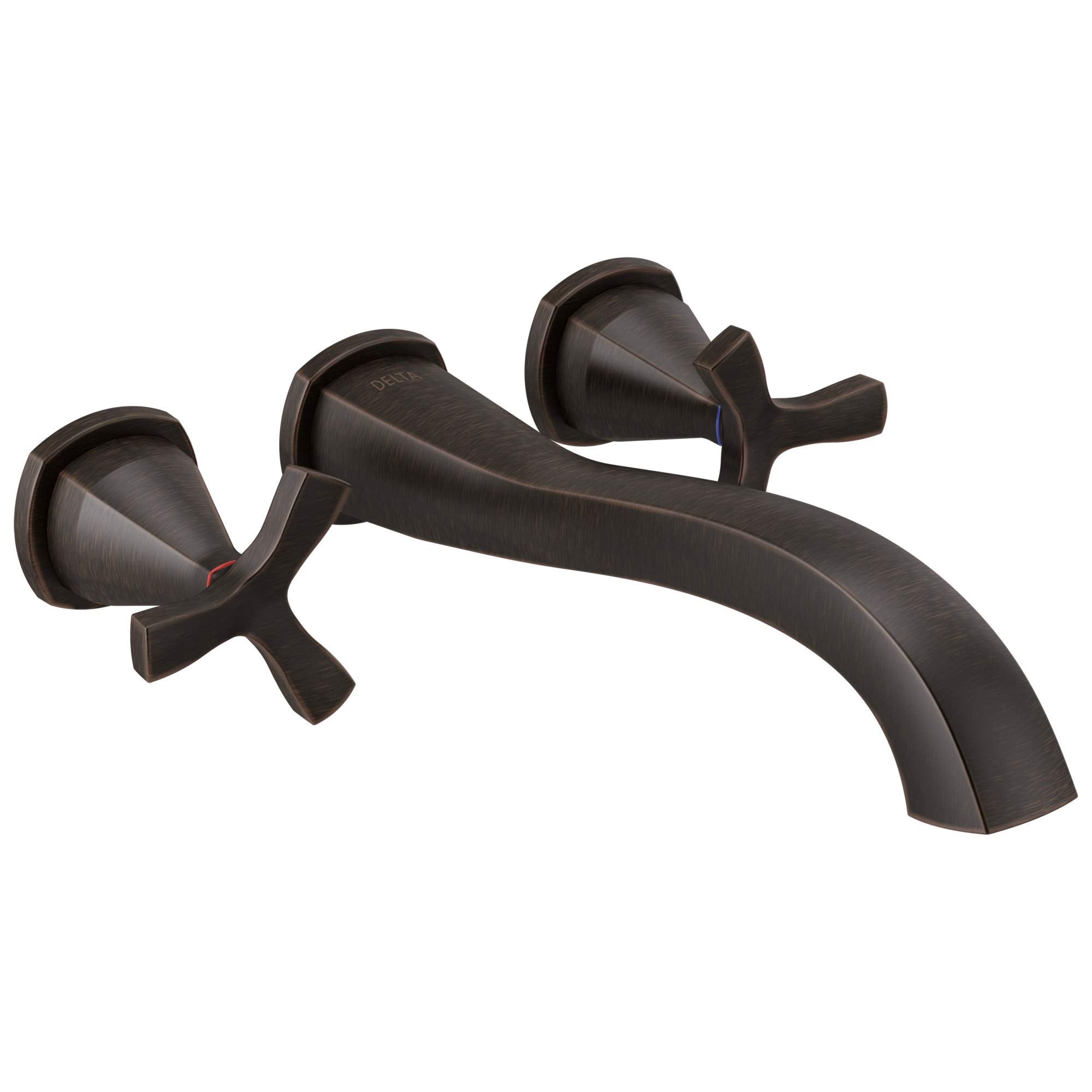 Chrome wall-mounted tub filler with curved spout and two cross-shaped handles in oil-rubbed bronze finish.