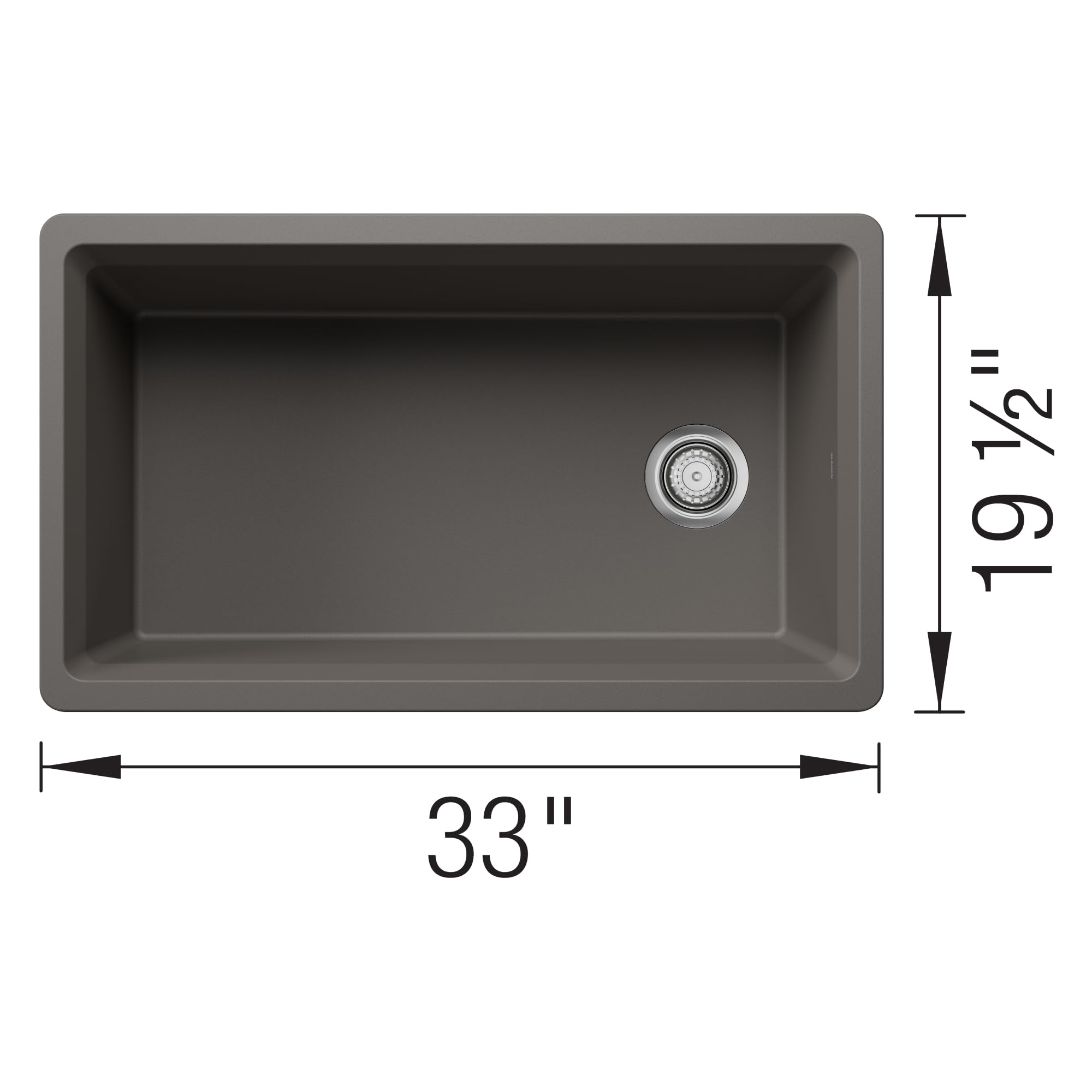 Blanco Inteos 33-inch single-basin kitchen sink in volcano gray with drain strainer, top view showing dimensions.