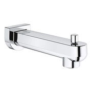 Chrome tub spout with diverter lever and wall-mounted bracket.