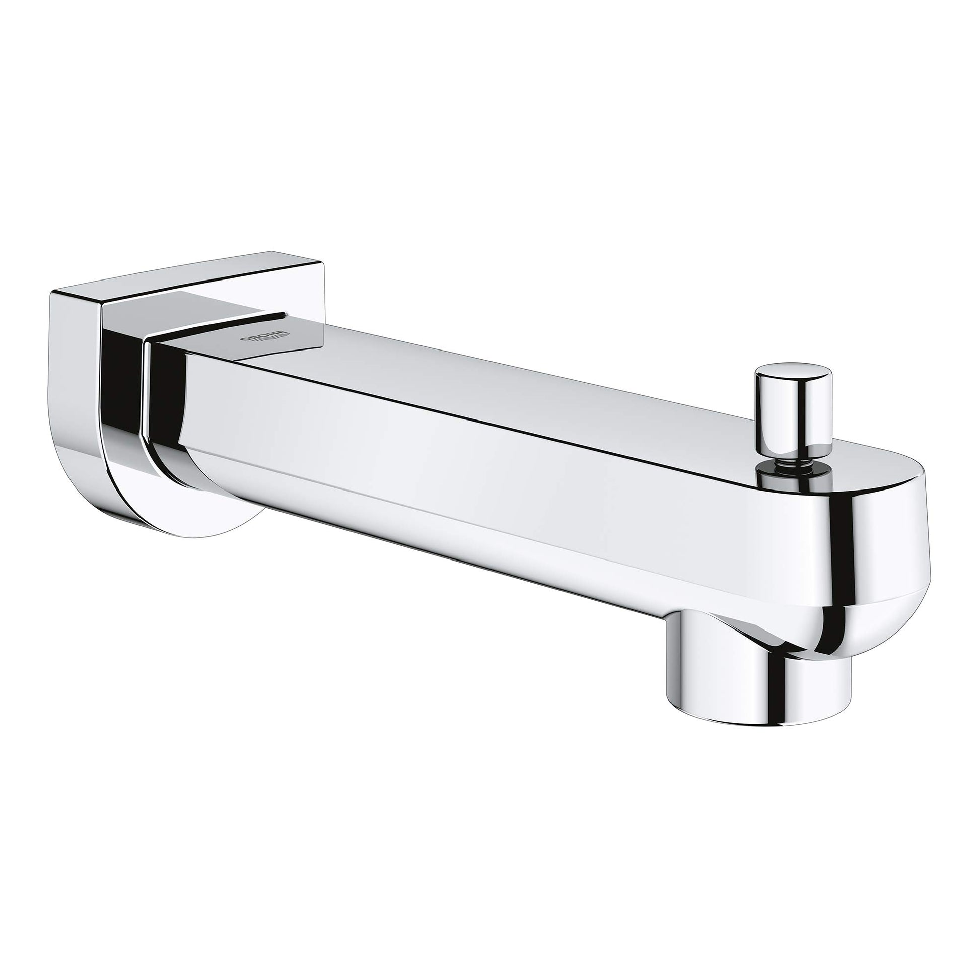 Chrome tub spout with diverter lever and wall-mounted bracket.