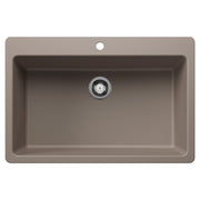 Truffle-colored single bowl kitchen sink with rounded corners, drain assembly, and mounting hole visible from above.