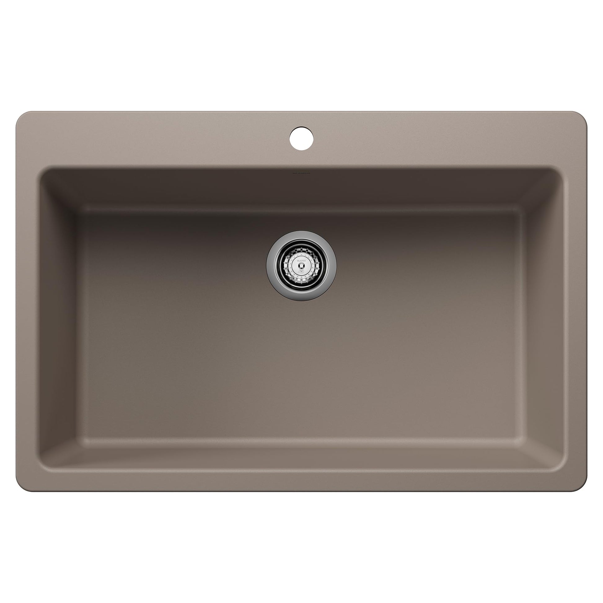 Truffle-colored single bowl kitchen sink with rounded corners, drain assembly, and mounting hole visible from above.