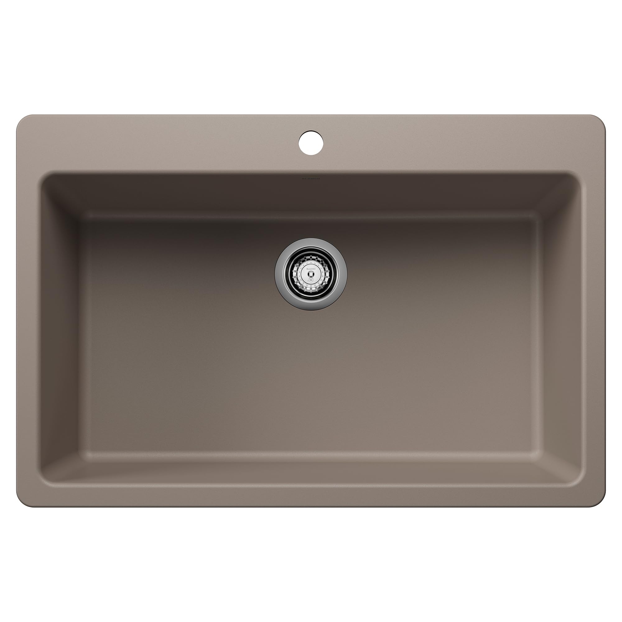 Truffle-colored single bowl kitchen sink with rounded corners, drain assembly, and mounting hole visible from above.