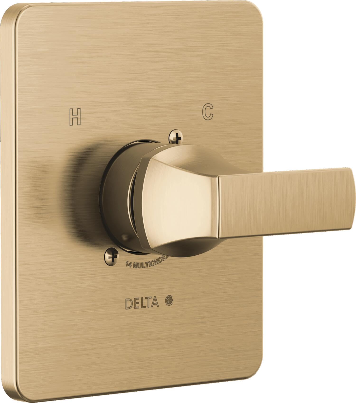 Champagne bronze shower valve trim with single lever handle, H and C markings, and Delta branding on square escutcheon plate.