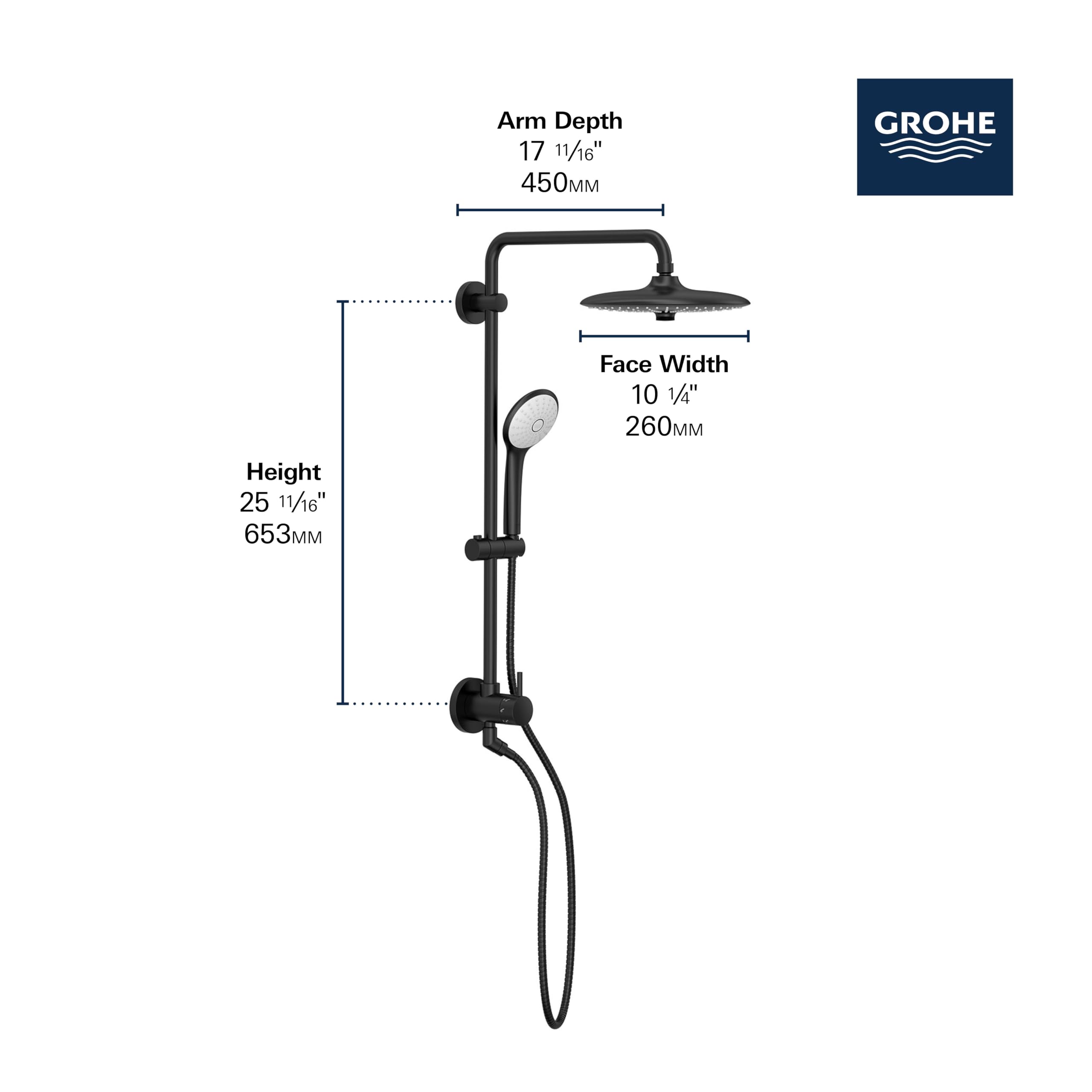 Brushed nickel shower system with overhead rainfall head, handheld sprayer, and curved arm mounted on vertical rail.