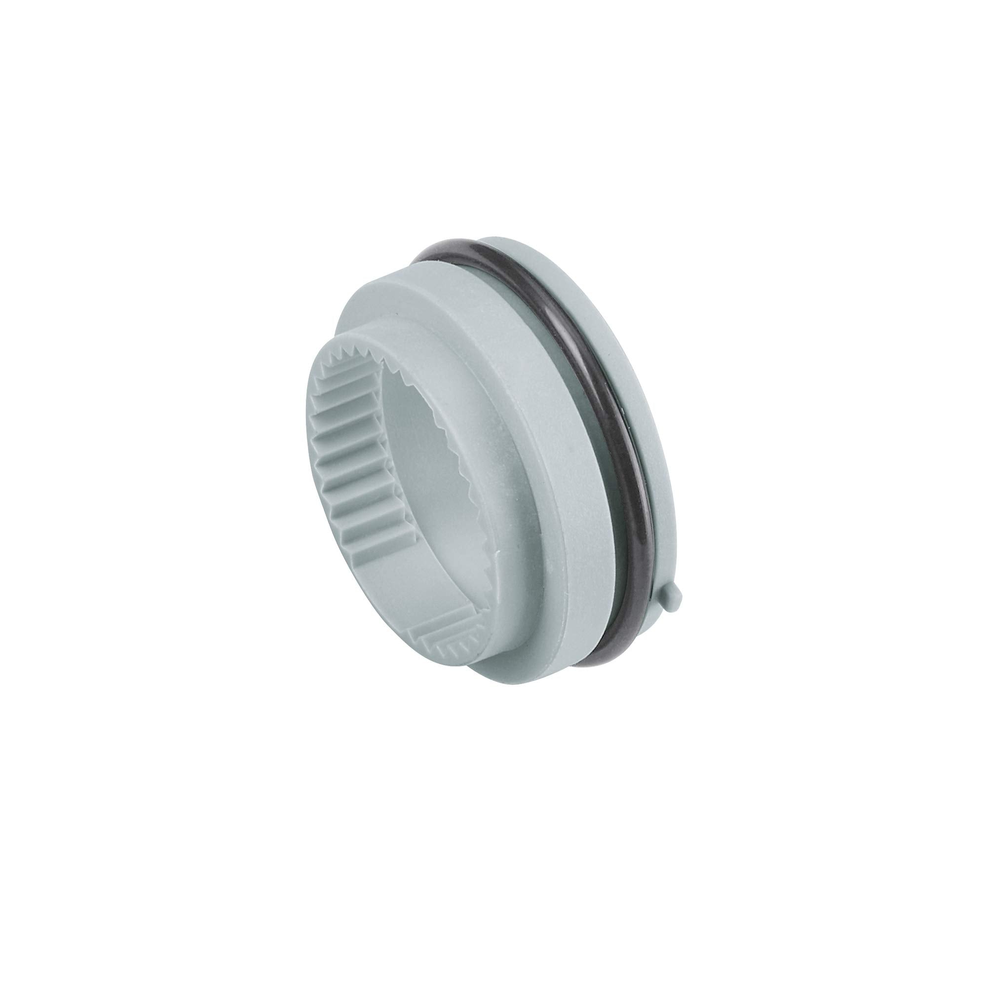 Chrome stop ring with grooved interior, black rubber seal band, and small adjustment pin for Grohe thermostatic valve.